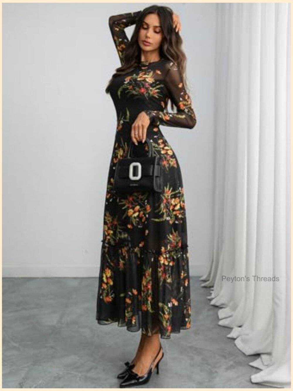 Floral Mesh Maxi Dress Long Sleeve A Line Ruffle Hem Wedding Guest - Picture 4 of 7